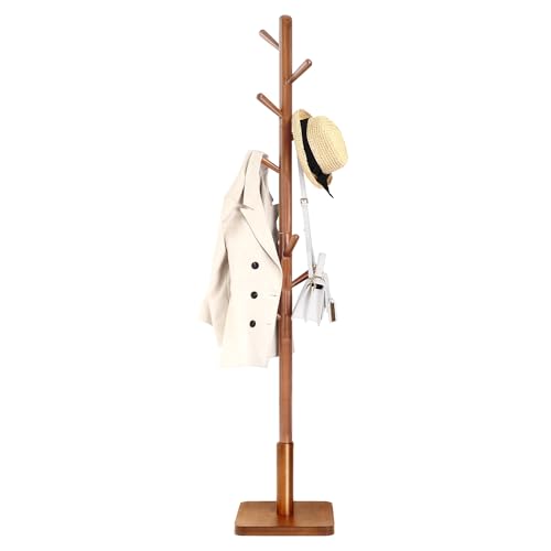 VASAGLE Solid Wood Coat Rack, Free Standing Hall Coat Tree with 8 Hooks, 3 Height Options, for Coats, Hats, Bags, Purses, for Entryway, Hallway, Rubberwood Hooks and Pole, Dark Walnut URCR010W01