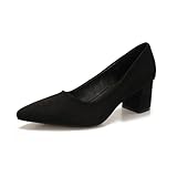 qibusleen Women's Chunky Block Heel Glitter Pointed Toe Classic Work Dress Pumps Slip On Closed Toe Mid Heels for Women Office Wedding Party Daily Ladies Shoes 2.36 Inch - 8 Black-Suede