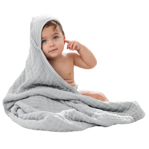 Image of Comfy Cubs Hooded Baby Towel 1-Pack, Large 32 x 32 Inch - 6 Layer 100% Muslin Cotton for Babies, Toddlers and Kids - Soft & Absorbent Baby Bath Towels - Unisex Design for Bath Time - Heather Blue