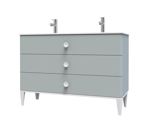 ONDÉE - Meuble à Poser Collection NEMOO - Plan Céramique Double Vasque - 3 Tiroirs À Fermeture Progressive - Poignées Rondes Blanches - Livré en Kit -...