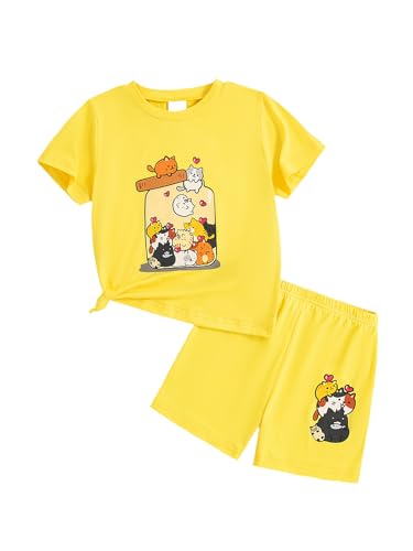 Image of Toddler Summer Outfits for Girls Cute Graphic Crewneck Top T-Shirt & Biker Shorts Set 2 Piece Tracksuit