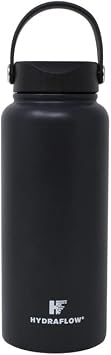 Hydraflow Hybrid - Triple Wall Vacuum Insulated Water Bottle with Wide Mouth Lid 34oz, Powder Black Stainless Steel Metal Thermos, Reusable Leak Proof BPA-FREE for Sports and Travel