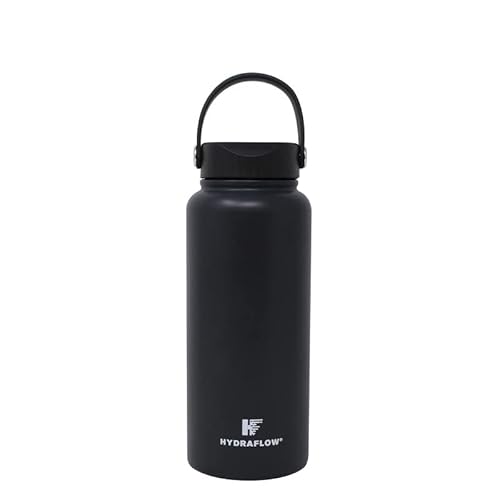 Hydraflow Hybrid - Triple Wall Vacuum Insulated Water Bottle with Wide Mouth Lid (34oz, Powder Black) Stainless Steel Metal Thermos, Reusable Leak Proof BPA-FREE for Sports and Travel
