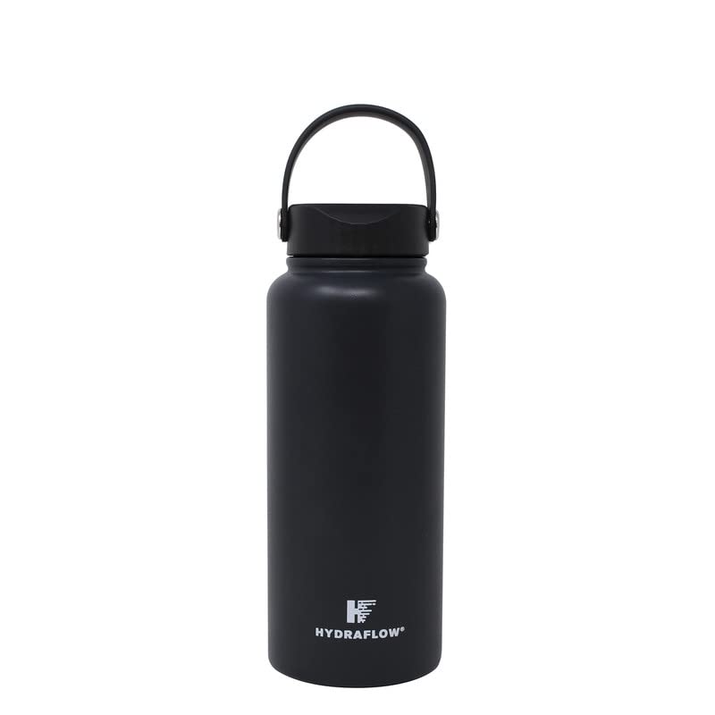 Hydraflow Hybrid - Triple Wall Vacuum Insulated Water Bottle with Wide Mouth Lid (34oz, Powder Black) Stainless Steel Metal Thermos, Reusable Leak Proof BPA-FREE for Sports and Travel