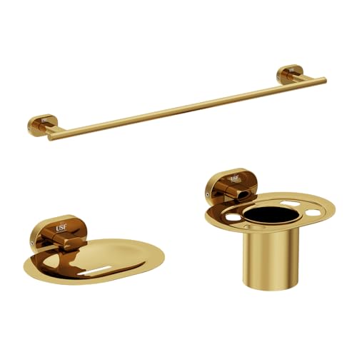 Image of LAPO 304 Stainless Steel Combo Bathroom Accessories Set (24 inch Towel Rod, Single Soap Holder, Tumbler Holder) Bathroom Accessories- (Kik- 3 Piece Combo Set,Gold Finish)