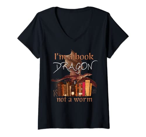 Donna I'm A Book Dragon Not A Worm Book Lovers Lettura Regalo Maglietta con Collo a V