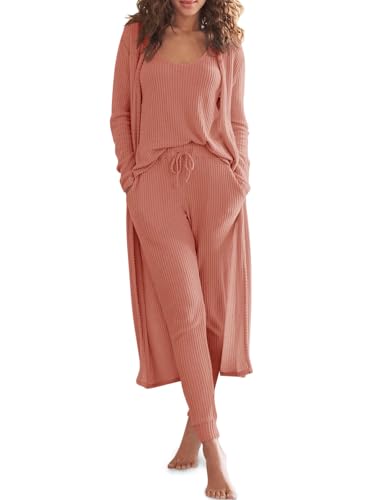 Image of Eurivicy Womens Lounge Set Waffle Knit 3 Piece Pajama Sets Tank Tops Loose Pants with Long Cardigan Loungewear 2026