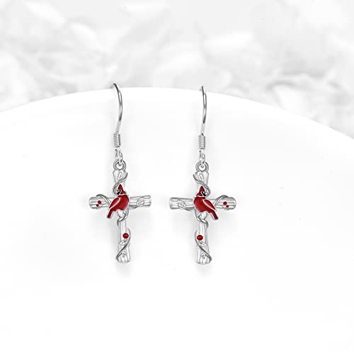 Popkimi Red Cardinal Earrings S925 Sterling Silver Cardinal Jewelry Red Bird Memorial Red Cardinal Tree Dangle Earrings Jewelry Dangle Drop Hook Earrings Gift For Women Girls (Red Cardinal) #TOP3