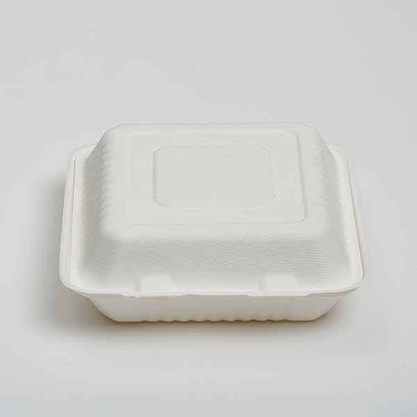 9"x9"x3" Clamshell 1 Compartment 100% Compostable Ecofriendly PFAS Free Unbleached Bagasse Natural White (300/case)