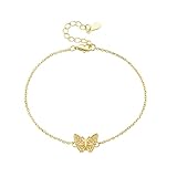 Homxi Pulseras de Mujer de Oro 9 Kilates, Mariposa con Diamante, Cadena Extensible 20 CM + 3 CM, Pulseras de Ajustable Mujer de Oro
