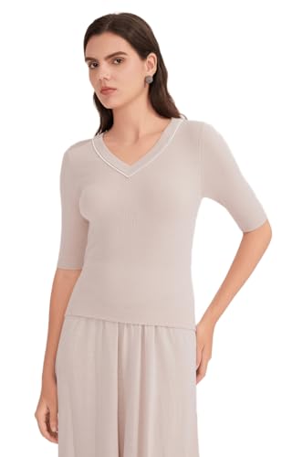 ​Women's Biella Merino V-Neck Sweater | 12-Gauge Half Sleeve Color-Block Lightweight Transitional Pullover, BD4521217