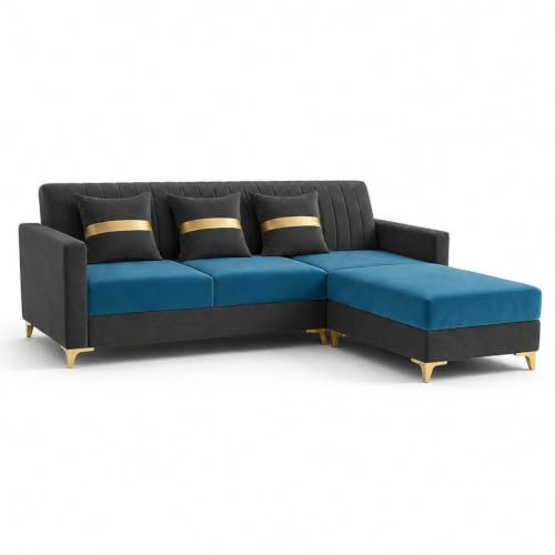 Image of CASASTYLE Signature Groovy 4-Seater L-Shape Sofa Set with Movable Ottoman | Flexible LHS /RHS Layout | Boston Fabric & Plush Cushions | 40D Foam + Zigzag Spring | 3-Yr Warranty (Dark Grey-Aqua Blue)