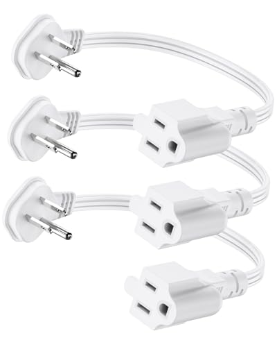Flat Plug 1Ft Short Extension Cord, White 90-Degree Plug Low Profile Power Adapter, 3-Prong Indoor Grounded Small Extension Cord 16AWG 13A 1625W 3 Pack