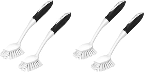 Image of SetSail Dish Brush with Handle, 4 Pack Stiff Bristles Dish Scrubber with Built-in Scraper Dish Scrub Brushes for Cleaning Dishes, Pots and Pans, Kitchen Sink, White