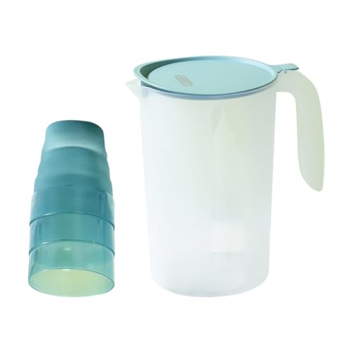 Alipis Jarra de Jugos Práctica de Plástico 1500 Ml Pequeña Tapa Abatible y 3 Vasos Azul Nórdico para Hogar y Cocina Resistente al Calor y Frío Accesorio Funcional para Bebidas y Agua