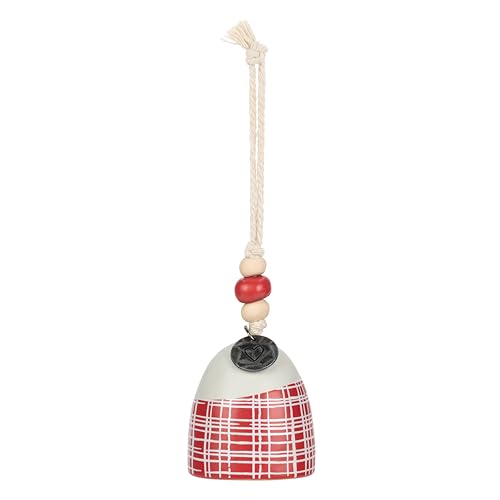 DEMDACO Inspired Holiday Red and White Plaid 2 x 2.5 Inch Stoneware Metal Charm, Beaded Rope Hanger, Boxed, Mini Christmas Tree Decoration Bell Ornament, Family