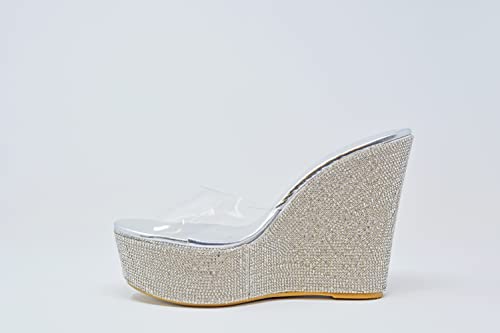 Image of BAMBOO Women's Clear Band Platform Wedge Slide ClearSilver34 Size 9