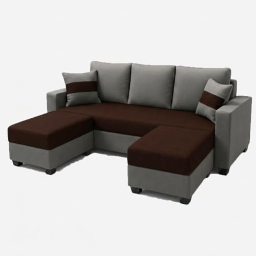 Image of FURNY Aura 3 Seater Modular Fabric Sofa Set with 2 Ottomans (Dark Brown-Dark Grey) | 5-Person Seating with Premium Velvet Finish | Ideal for Living Room