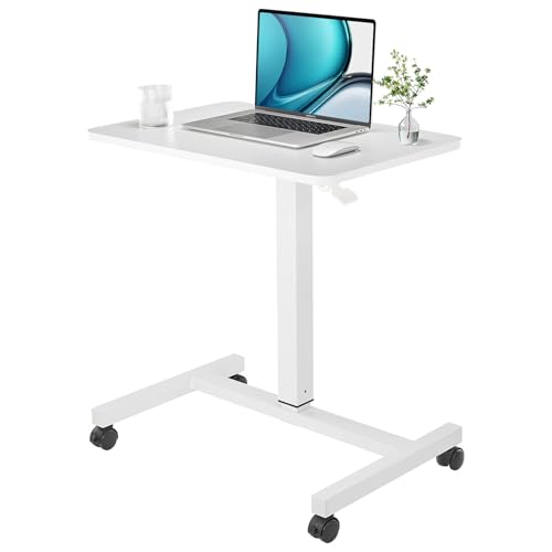 CLATINA Mobile Laptop Desk Pneumatic Sit to Stand Table Height Adjustable Rolling Cart with Lockable Wheels for Home Office Computer Workstation, 71 x 48 cm White - Fidel