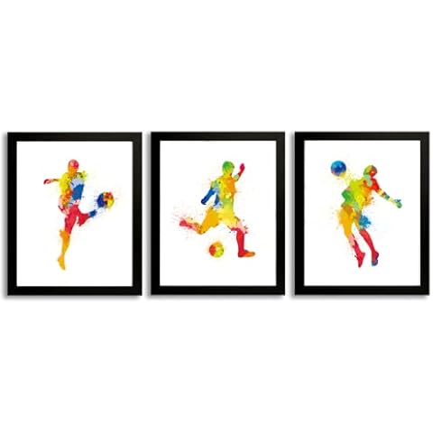 ANHUIB Football Art Prints With Black Framed,Watercolor Soccer Player Art Picture Poster,Set of 3 (8" X 10") Football Player Kicking Posture of The Ball,Canvas Wall Art for Boy Room Bedroom Decoration Cover
