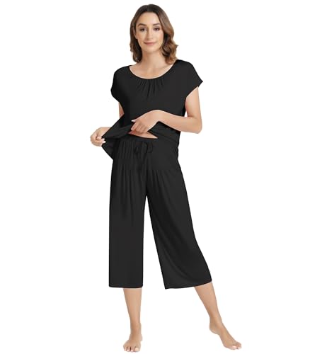 Image of NACHILA Women's Pajamas Set Short Sleeve Sleepwear Soft Pjs Cool Pajama with Capri Pants, Viscose Made from Bamboo