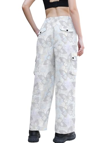 Image of Betusline Girls & Women's High Waist Wide Leg Cargo Pants Y2K Parachute Pants with Pockets and Drawstring 6 Years-Women 2XL