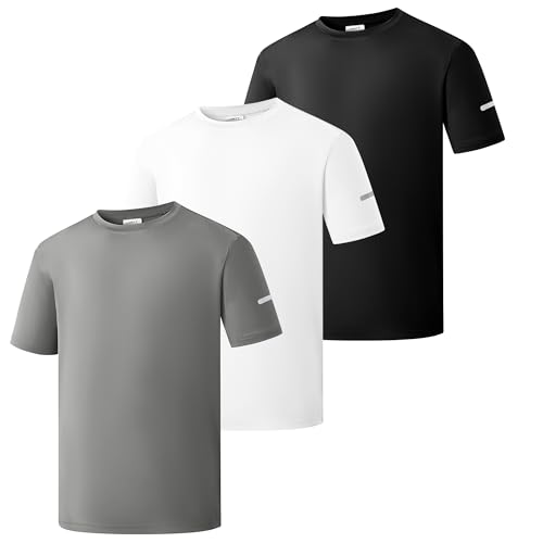 HIBETY 3-Pack Athletische Kinder T-Shirts Jungen Feuchtigkeitsableitend Dry-Fit Sport Tee Dehnbare Kurzarm Shirts Black/White/Grey02-3P10-S