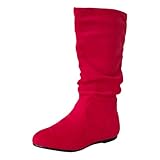 Women's Soft Suede Low Heel Mid Calf Boots | Comfortable Fall Outdoor Footwear with Side Zipper & Non-Slip Sole - Brown Flat Boots (Red, Adult, Women's, 10.5, Digital, US Shoe System, Medium ())