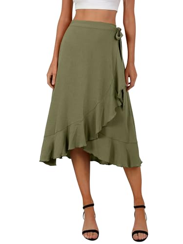 Women's Elegant Ruffle Wrap Asymmetrical Tie High Waist Long Skirt A-line Casual Loose Draped Flowy Skirts