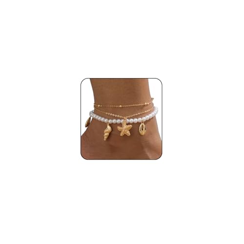 Image of Ankle Bracelets for Women Waterproof Beach Jewelry for Women Elastic Beaded Anklets Boho Seashell Pearl Starfish Anklets for Women Foot Jewelry
