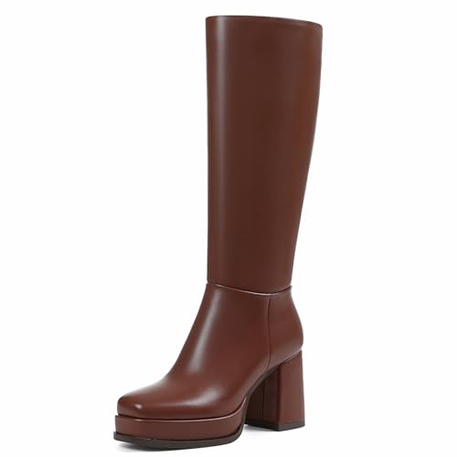 Artrotter Knee High Platform Boots for Women Square Toe Elastic Tall Boots Vegan Leather Long Fall Boot Block Chunky Heel Side Zipper