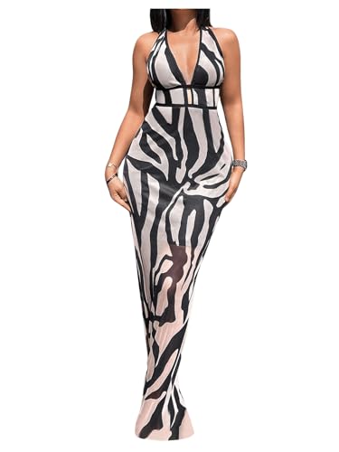 Image of MakeMeChic Women's Zebra Print Dress Halter High Waist Mesh Bodycon Backless Maxi Dresses Multicolor X-Large