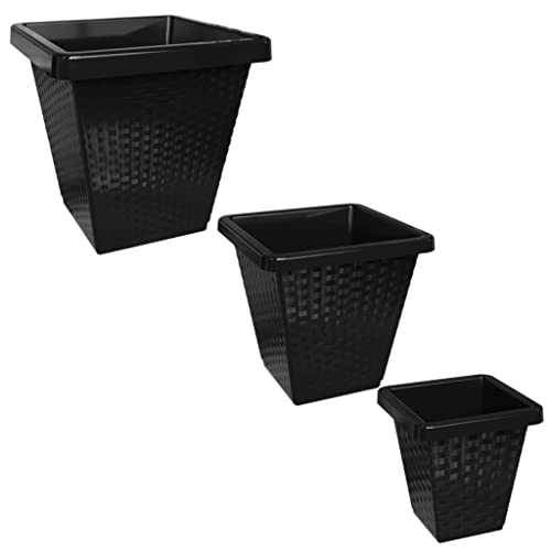 Conjunto 3 Vasos de Planta Quadrado Rattan Tamanhos Diferentes Pratic Plásticos (Preto)