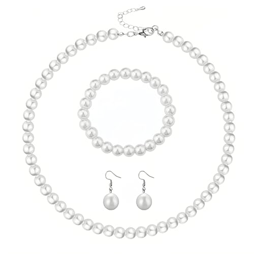 MR BAEQ Ensemble de Bijoux en Perles Artificielles, Collier Perle Femme, Mariage Perle Collier Boucles d’Oreilles, pour Fête, Bal, Mariage, Festival