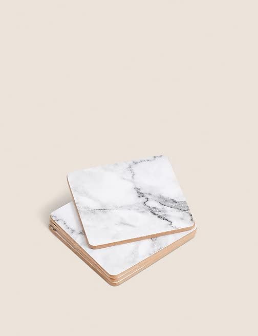 GBS Set Of 8 Marble Effect Glass Coaster And Placemat - Table Mats For Kitchen Dining Table - Cork Backed Placemats and Coasters Set 8 - Stain Resistant Laminate Finish Christmas Home Decor Gift -