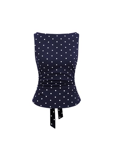 CIDER Tank Tops for Women Polka Dot Boat Neck Ruched Knot Regular