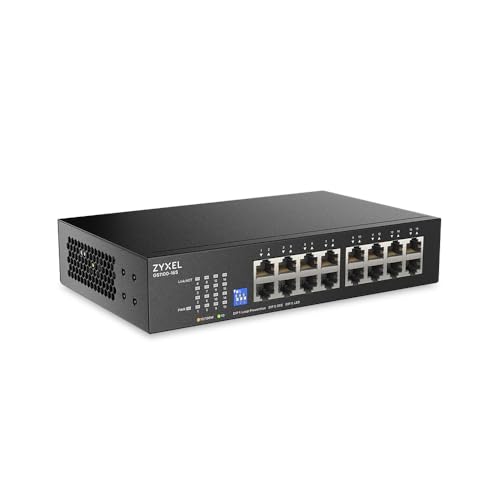 Zyxel 16-Port Netzwerk Switch | Unmanaged Gigabit Ethernet Switch | 16x GbE Ports | Umschaltbarer DIP | Lüfterlos | Wand- und Rack-Montagesätze im Lieferumfang enthalten | GS1100-16S