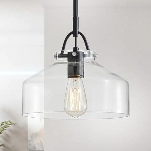 WUZUPS Chandelier Rustic Farmhouse Industrial Round Ceiling Pendant LED Light Fixture with Clear Glass Shades for Dining Room Kitchen Island Foyer Entryway, H 9.4" x W 10.6", E26 Base, Black Cover