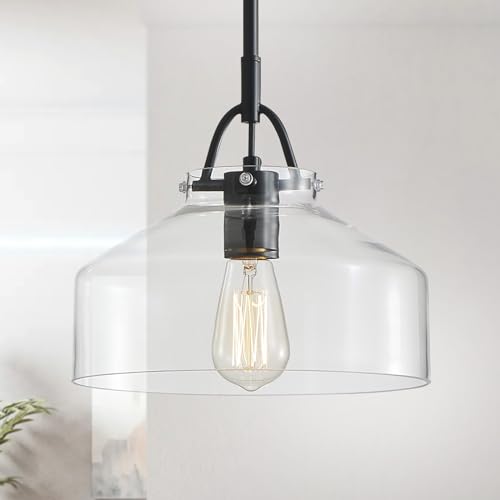 Image of WUZUPS Chandelier Rustic Farmhouse Industrial Round Ceiling Pendant LED Light Fixture with Clear Glass Shades for Dining Room Kitchen Island Foyer Entryway, H 9.4 inch x W 10.6 inch, E26 Base, Black