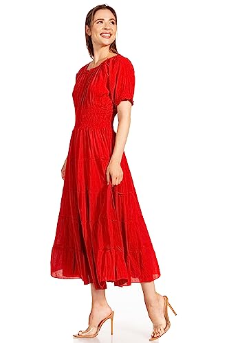 Image of Sakkas Cotton Crepe Smocked Peasant Gypsy Boho Renaissance Mid Length Dress