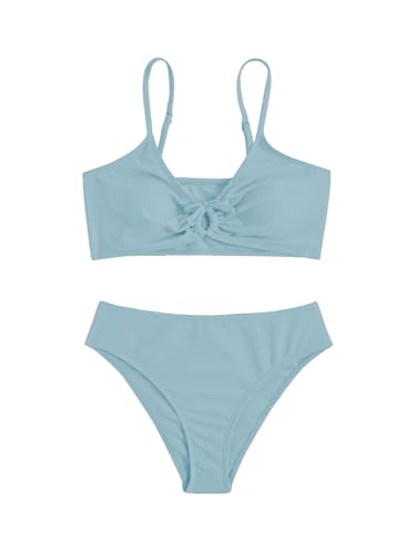 OYOANGLE Girl's 2 Piece Solid Bikini Set Sport Swimsuit Ruched Tie Front Bathing Suit Swimwear