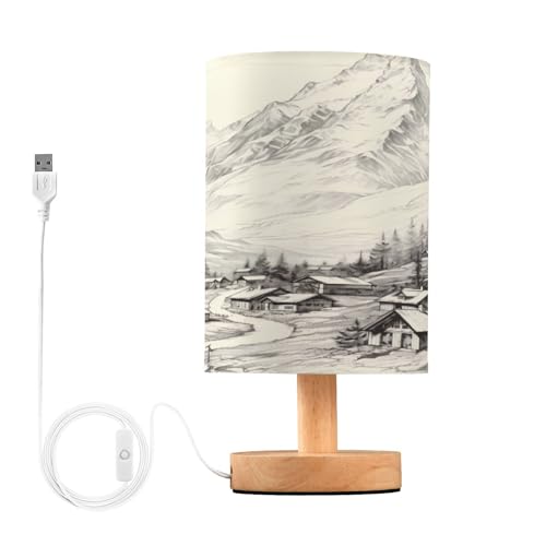 SDMKA Retro Mountain Village Bedside Table Lamp for Bedroom, Minimalist Nightstand Lamp with Round Fabric Shade for Living Room, Office, No Bulb Required