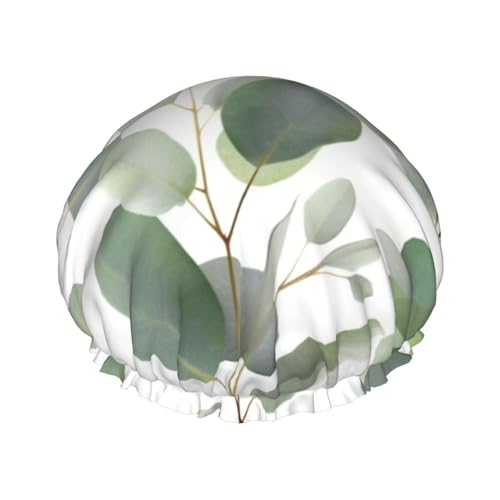 Eucalyptus Leaves Printed Shower Cap for Women Waterproof Bath Caps Reusable Double Layered Shower Hat Bathing Shower Caps for Men Ladies Spa Salon