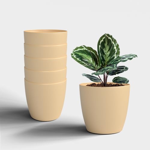 Image of YUCCABE ITALIA SHERA Stella 6 Inch Plastic Plant Pot for Home Decor Indoor Plant Pots for Living Room Plastic Flower Pot for Garden (Beige, 6 INCH - 6 Pcs)