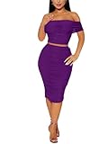 Oumrdeo Elegant Skirt Set For Women Two Piece Outfits Slim Fit Mesh Tube Top Ruched Party Club Date Night Midi Dress Purple M