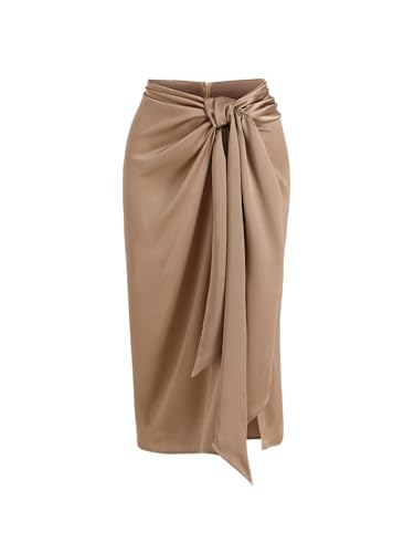CIDER Skirts for Women Satin Skirt Tie Front Slit Midi Skirt Middle Waist Elegant Party Trendy Midi Skirt