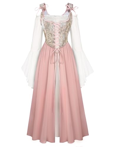 Scarlet Darkness Women Renaissance Dress Peasant Medieval Dress Bell Sleeve Maxi Fairy Dress Pink 16
