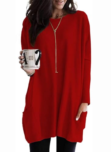 Naggoo Plus Size Tunics For Curvy Women Red Shirt Fall and Winter Dress With Pockets Long Sleeve Blouses Cute Outfits Trendy 2025 To Wear With Leggings 3XL