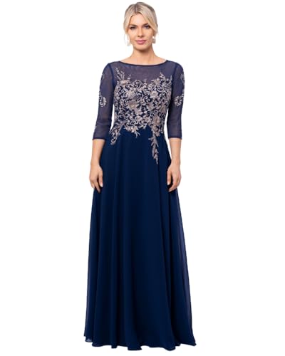 Betsy & Adam Women's Long 3/4 Sleeve Embroidered Chiffon Gown