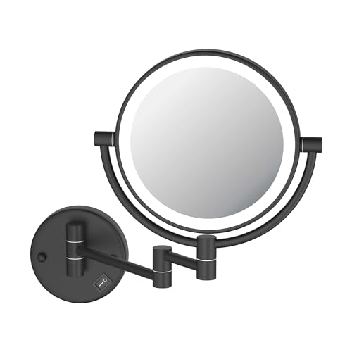 KIBI Circular Wall Mount Makeup Mirror with LED Lights, Dual-Sided 1x/5x Magnifying Mirror with Adjustable Arm, 360° Swivel, Solid Brass Construction for Durability and Style (Matte Black, KMM101)